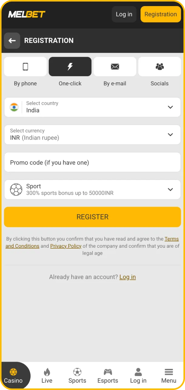 Create your account to start playing Aviator at Melbet India.