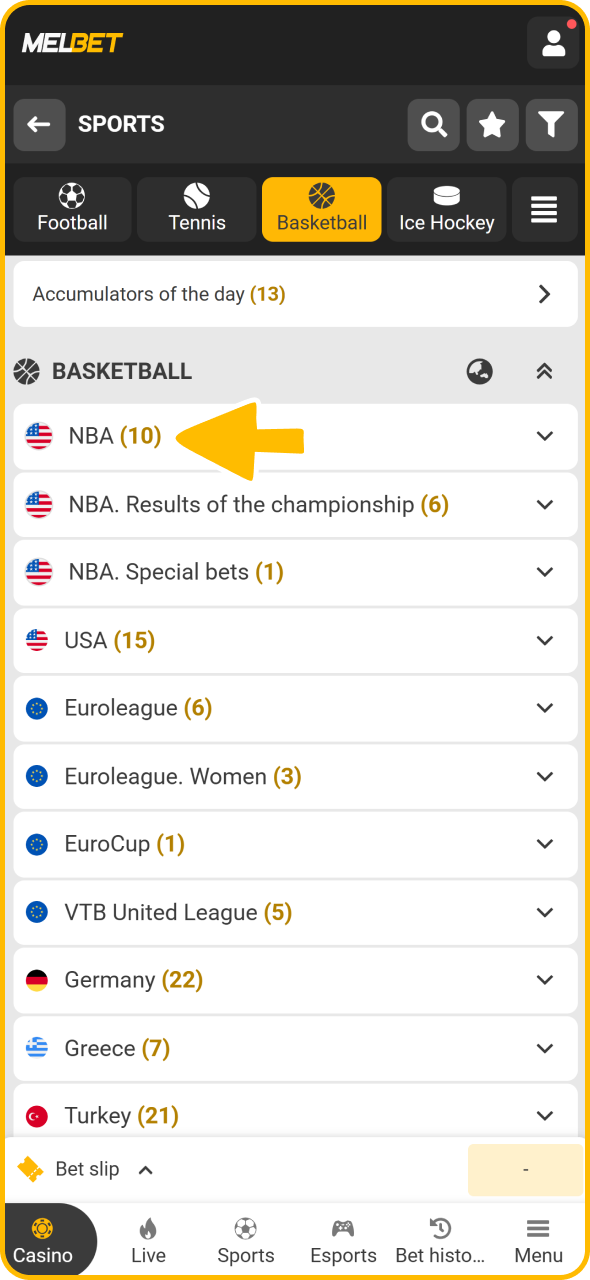 Select basketball league you want to place bet on Melbet sportsbook.