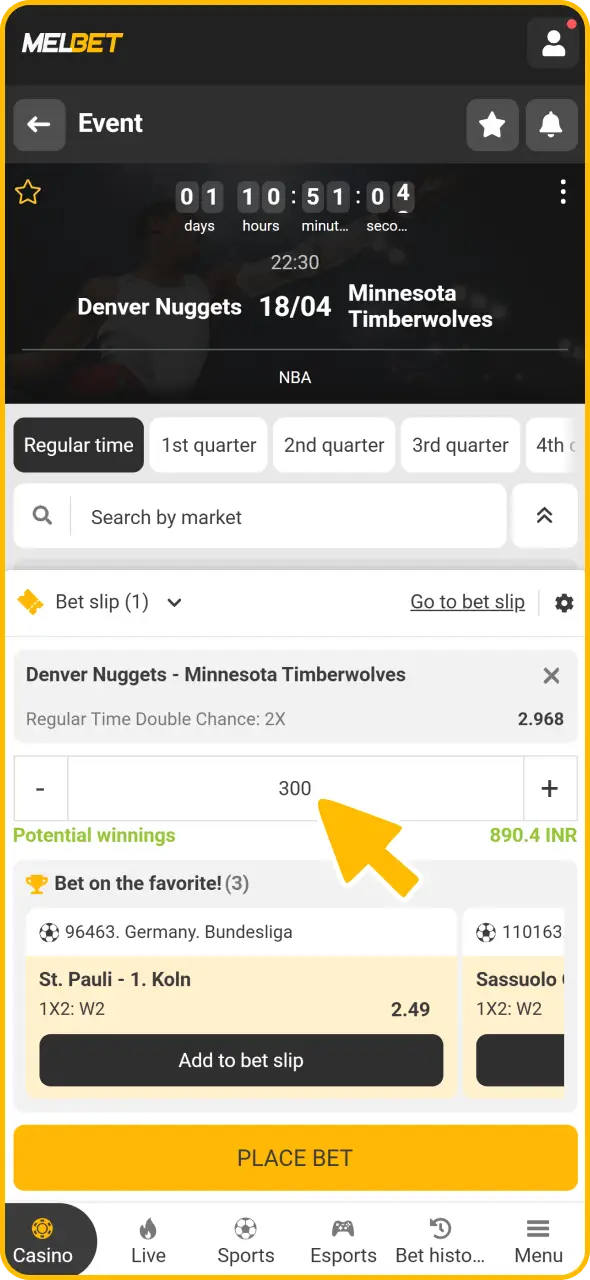 Enter stake amount to place your basketball bet at Melbet Sportsbook.