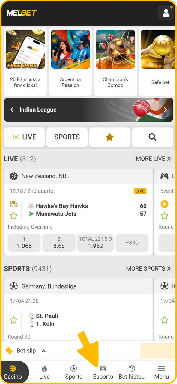 Click this menu button to go to eSports at Melbet.