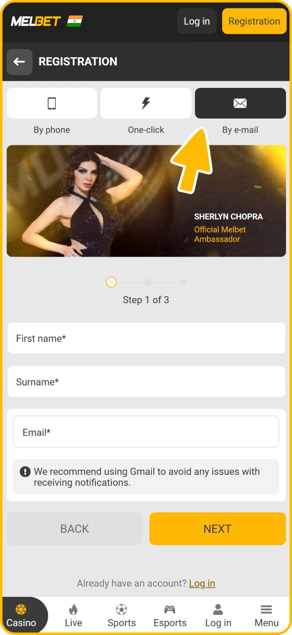 Choose registration method to join Melbet and start eSports betting.