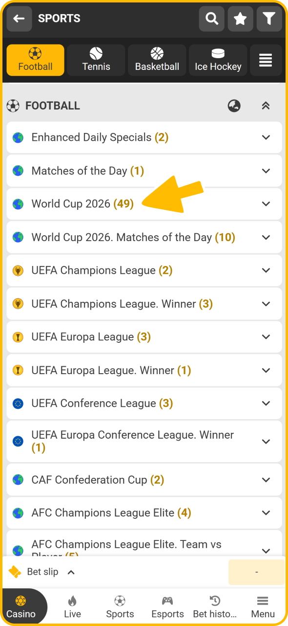 Select football league at Melbet sportsbook.
