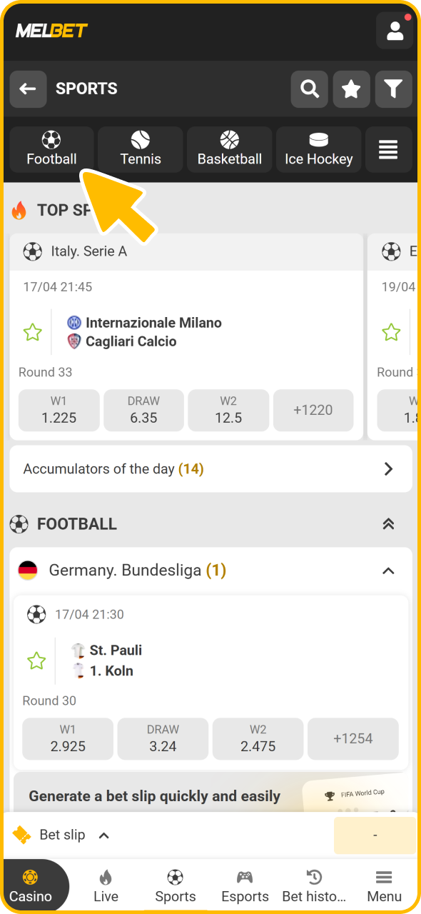 Open Melbet football section.