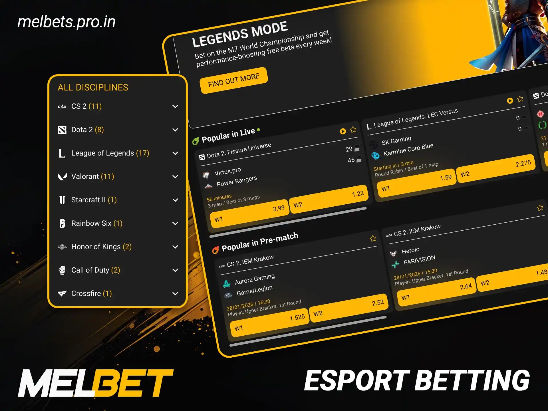Place your bets on esport betting events at Melbet India.
