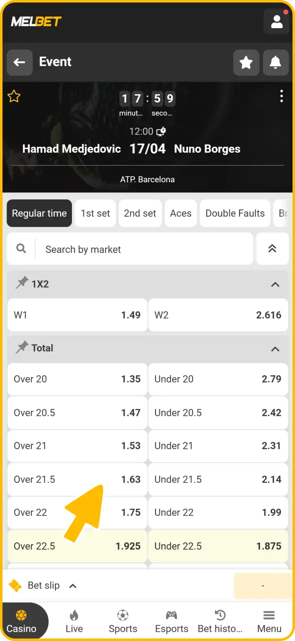 Tap on chosen tennis market to place bet on it at Melbet.